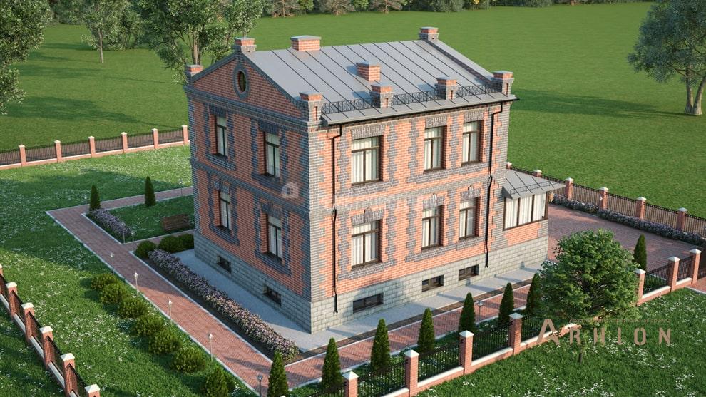 2. Проект двухэтажного дома в замковом стиле с двускатной кровлей, t-23-01, площадью - 213 кв c цокольным этажом, терассой